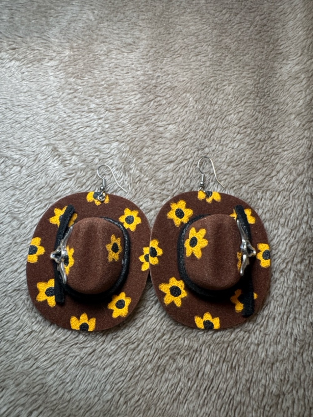 Sunflower Cowboy Hat Earrings - Brown & Yellow